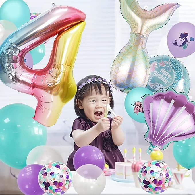 Mermaid Birthday Decorations Mermaid Balloons - Number 4 Balloons for Girls Under The Sea Mermaid Theme Baby Shower Birthday Favors