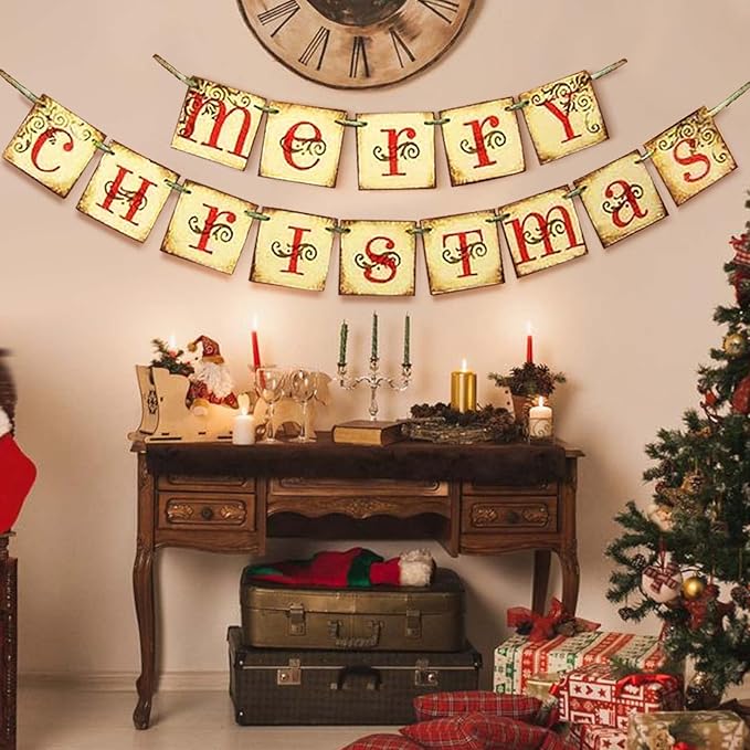 Christmas Decorations - Vintage Merry Christmas Banner - Retro Nostalgic Traditional Old Fashioned Victorian Xmas Holiday Clearance Decor for Indoor Home Office Fireplace Mantle Farmhouse