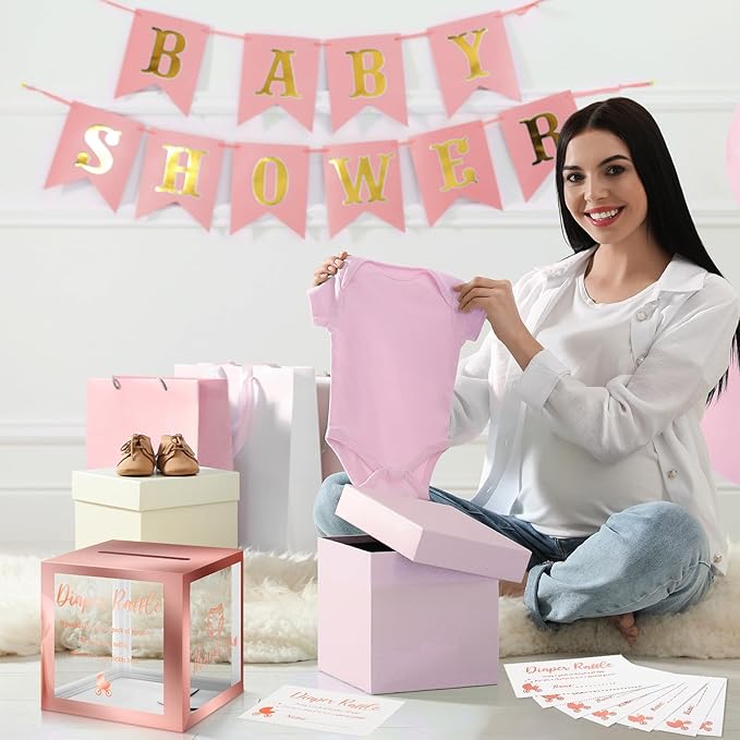 Funrous 51 Diaper Raffle Tickets with Box for Baby Shower Game Invitations Diaper Raffle Card for Gender Reveal Baby Shower Party Decoration Table Centerpiece(Clear Rose Gold)