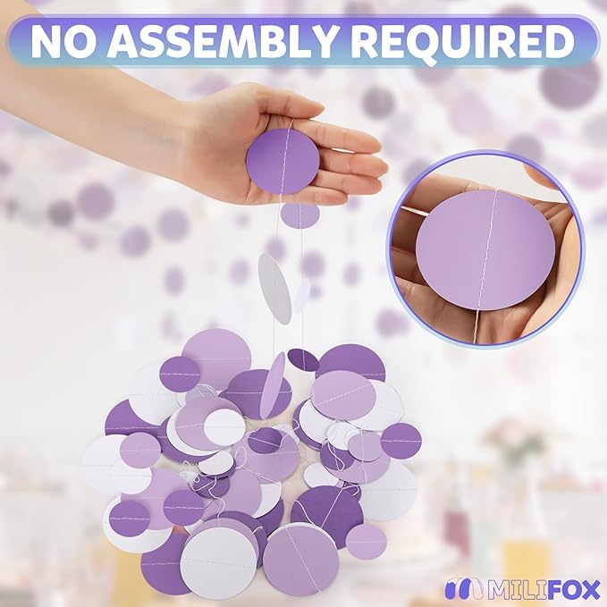 52FT Party Garlands, Paper Garland Circle Dots, Hanging Circle Banner Decorations for Birthday, Party, Wedding, Baby Shower, Graduations, Christmas, Wall Decor (Purple White Garlands)