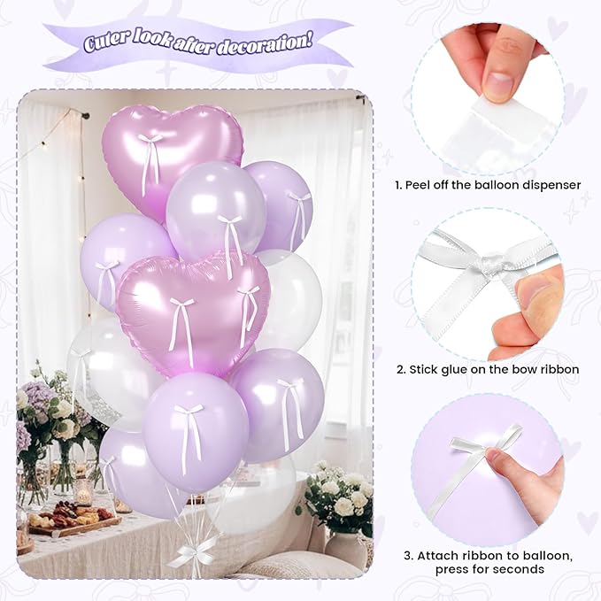 18Inch Purple Heart Balloon, 38 Inch Bow Balloons, Pearl Purple Light White Balloon and Bow Heart Shaped Foil Balloons for Lavender Birthday Wedding Bridal Baby Shower Valentines Day Decorations