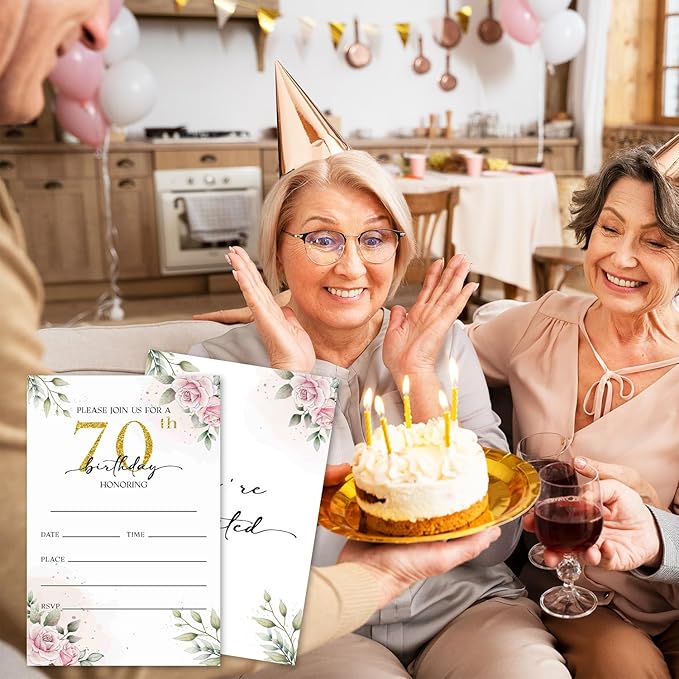 70th Rose Birthday Invitation for Women, Birthday Invitation With Envelopes, 70 Years Old Birth Invites for Adult, 20 Pcs Birth Invite Cards Party Celebration Supplies /05