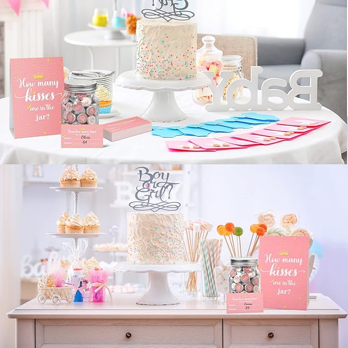 Containlol 555 Pcs How Many Kisses Baby Shower Games, Pink and Gold Standing Sign Guessing Cards Kisses Stickers for Kids Girl Birthday Baby Shower Sprinkle Party Decoration (No Candy and Jar)