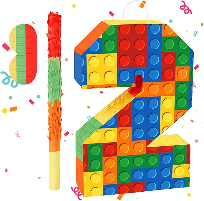 Building Blocks Number 2 Pinata with Pinata Stick & Blindfold 2th Birthday Party Decorations for Kids Happy Birthday Building Block Theme Party Supplies for Boys Girls (16 x 10.6 x 3 In)