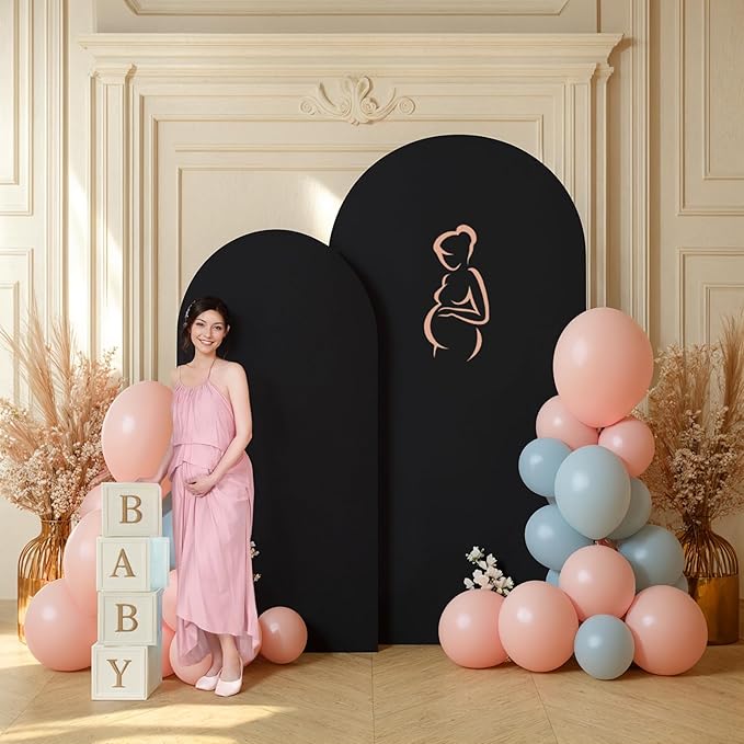 Set of 2 Arch Backdrop Covers - 6.6FT, 5FT Black Spandex Fitted Wedding Arch Stand Covers Round Top Chiara Stretchy Arch Backdrop Cover for Wedding Birthday Party Decoration