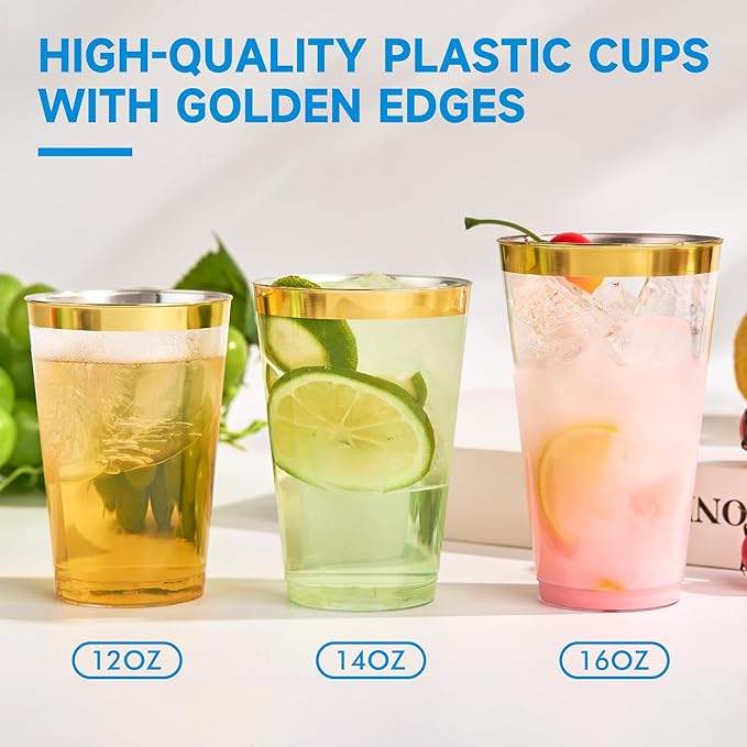 RACETOP 12 oz 200 Pack Disposable Plastic Cups with Gold Rim, Disposable Gold Rim Plastic Cups for Parties, Weddings, Gatherings, and Festival Events