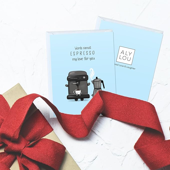 ALY LOU Mothers Day Card Anniversary Birthday for Mom Dad Wife Husband Girlfriend Boyfriend Stepmom Aunt Parents – Cute Funny Punny Greeting Card for Fathers Day – Blank Inside (Espresso My Love)