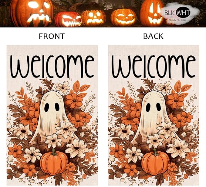 BLKWHT Halloween Ghost Garden Flag 12x18 Vertical Double Sided Spooky Pumpkin Fall Holiday Outside Decorations Burlap Yard Flag BW707