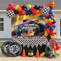 Monster Truck Birthday Decorations include Red Blue Yellow Balloons Ribbon Arch Cake Paper Card Toppers Tablecloth Backdrop Truck Birthday Decor for Boys Racing Party Decoration Supplies