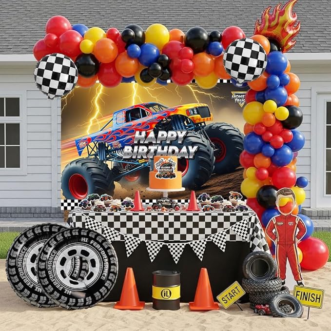 Monster Truck Birthday Decorations include Red Blue Yellow Balloons Ribbon Arch Cake Paper Card Toppers Tablecloth Backdrop Truck Birthday Decor for Boys Racing Party Decoration Supplies
