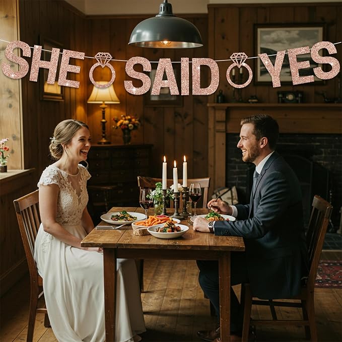 Glitter Rose Gold She Said Yes Banner Pre-Strung Engagement Decorations Bridal Wedding Party Sign Valentine's Day Garland Bachelorette Party Decor,NO DIY