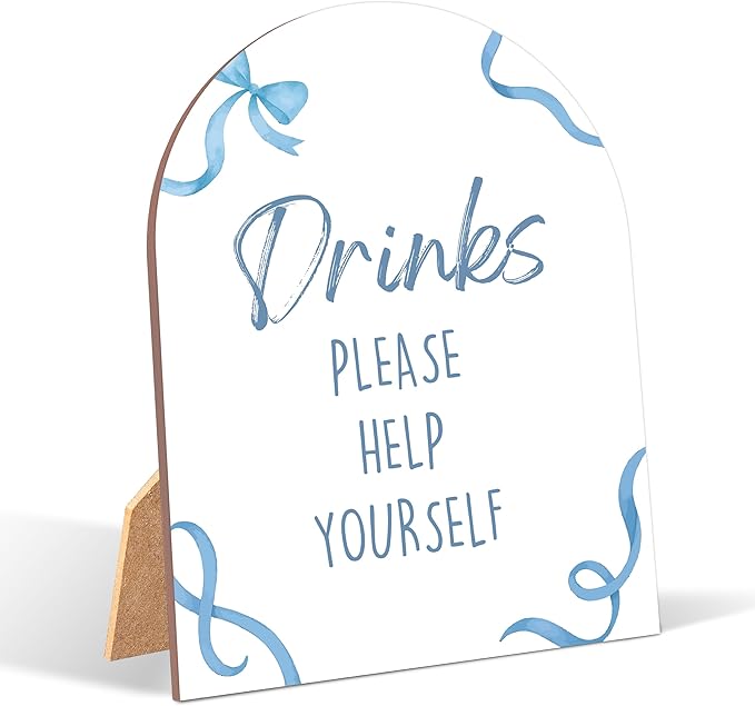 Blue Bow Drinks Please Help Yourself Sign for Baby Shower, 6x8 Inch Arch Wooden Sign with Stand, Blue Baby Shower Table Sign, Gender Neutral Party Decoration - QW10