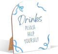 Blue Bow Drinks Please Help Yourself Sign for Baby Shower, 6x8 Inch Arch Wooden Sign with Stand, Blue Baby Shower Table Sign, Gender Neutral Party Decoration - QW10