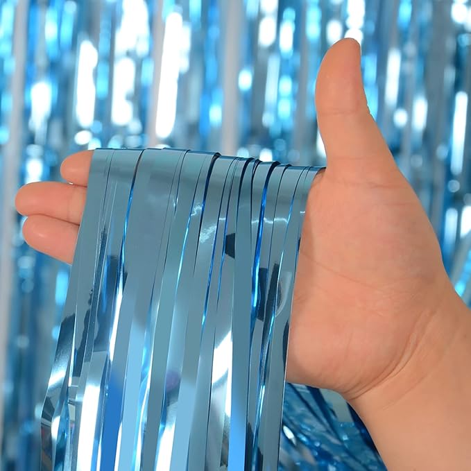Light Blue Foil Fringe Curtains Party Decorations, Melsan 3.2 x 8 ft Foil Curtains Tinsel Backdrop for Ocean, Baby Shark Theme Birthday Decorations - Pack of 2