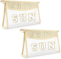 Iqimott 2Pcs Preppy Patch Sun Bag Makeup Letter Bag, Boho Letter Sun Bags for Beach Swim, Waterproof Zipper Make up Bags Toiletry Pouch for Women Girls, Clear Transparent Pouch for Travel(Sun)