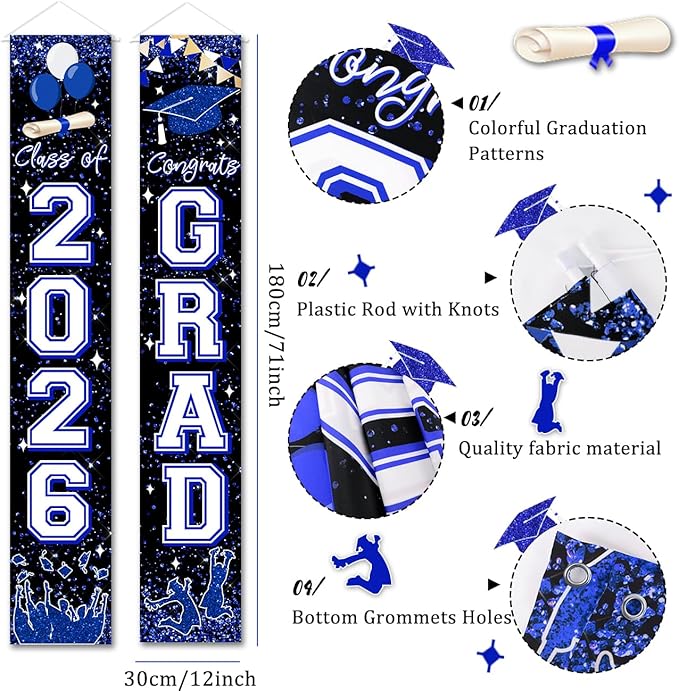 Graduation Decorations 2026 GRAD Banner Blue Door Porch Signs Welcome Banner for Outdoor Indoor Wall Graduation Decorations Class of 2026