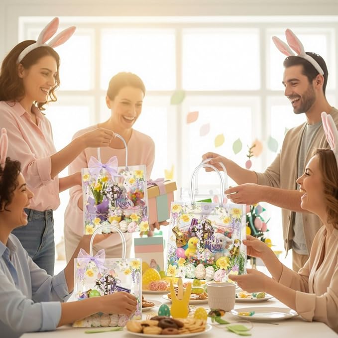 Henoyso 24 Pcs Easter He Is Risen Clear Gift Bags Christian Religious Plastic Goodie Treat Candy Bags with Handles Reusable PVC Party Favor Tote for Birthday Party Gift Wrapping, 7.8 x 7.8 x 3.1 Inch