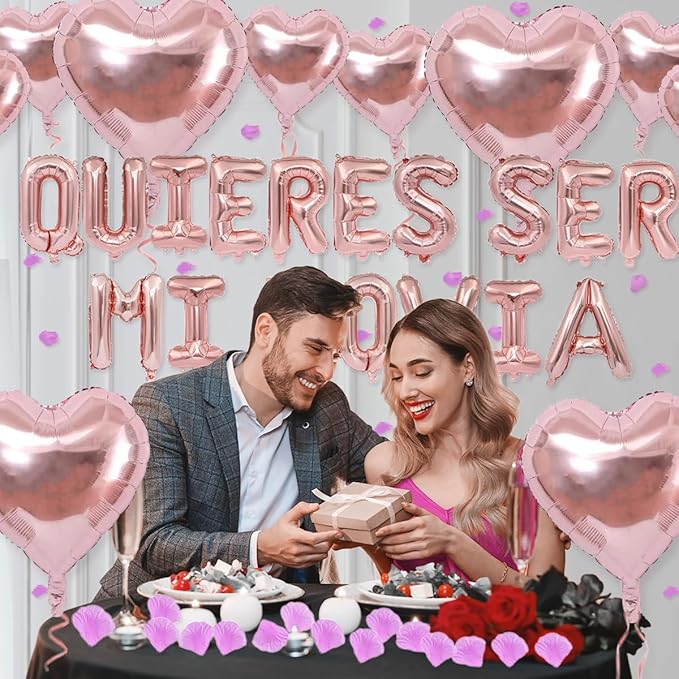 2 Set 16 Inch QUIERES SER MI NOVIA Balloons, Rose Gold Will You Be My Girlfriend Letter Balloons Spanish with 200pcs Artificial Rose Petals for Valentines Anniversary Day Banner Decorations