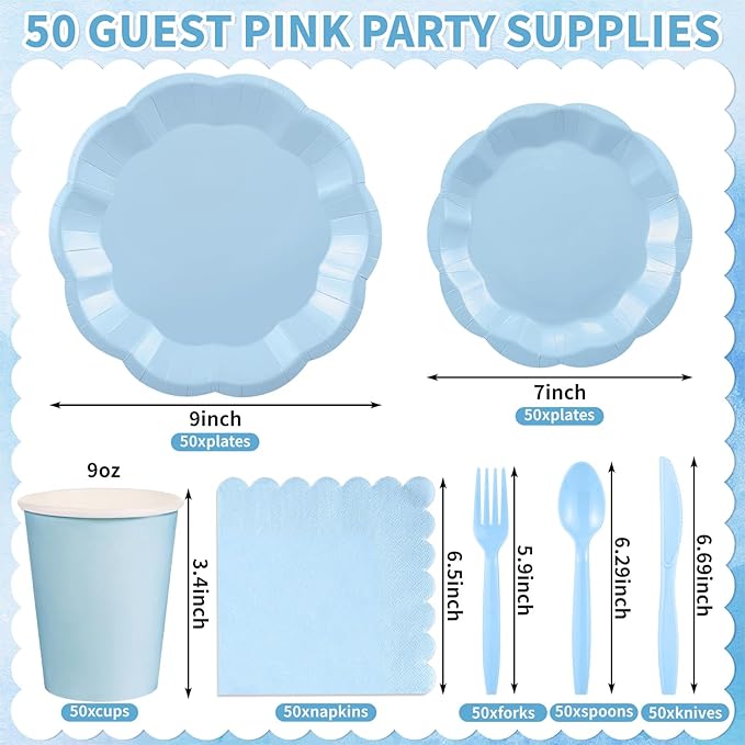 350 Pcs Light Blue Paper Plates and Napkins Set Include 9" Easter Plates, 7" Dessert Plate Disposable Scalloped Tableware Serve 50 Guest for Wedding Boy Baby Shower Bridal Shower Birthday