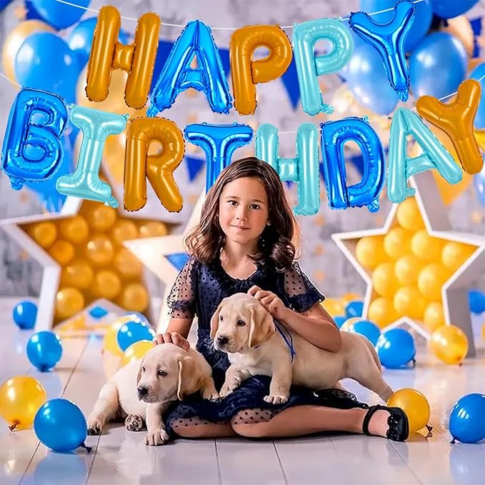 TONIFUL Happy Birthday Balloons Banner with Ribbon Straw, 16 Inch Mylar Letters Birthday Sign Banner Balloon Bunting Reusable for Girls Boys Kids & Adults Birthday Halloween Supplies（Blue Orange）