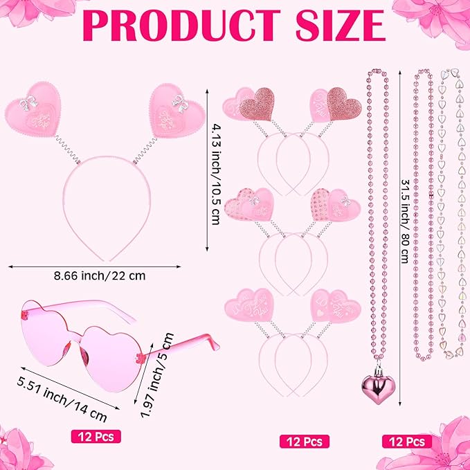 Kanayu 36 Pcs Valentine's Day Accessories Set Include 12 Heart Headbands 12 Glasses and 12 Heart Beaded Necklace for Valentine Props Party Costume Supplies Accessory (Pink)