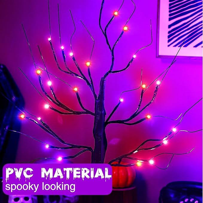Ganeen 2 Pcs Halloween Decorations Indoor 24 Inch/2 ft Lighted Orange and Purple Birches Tree with Timer 48 LED Lights Willow Battery Operated Artificial Black Tabletop Spooky Tree for Home and Party