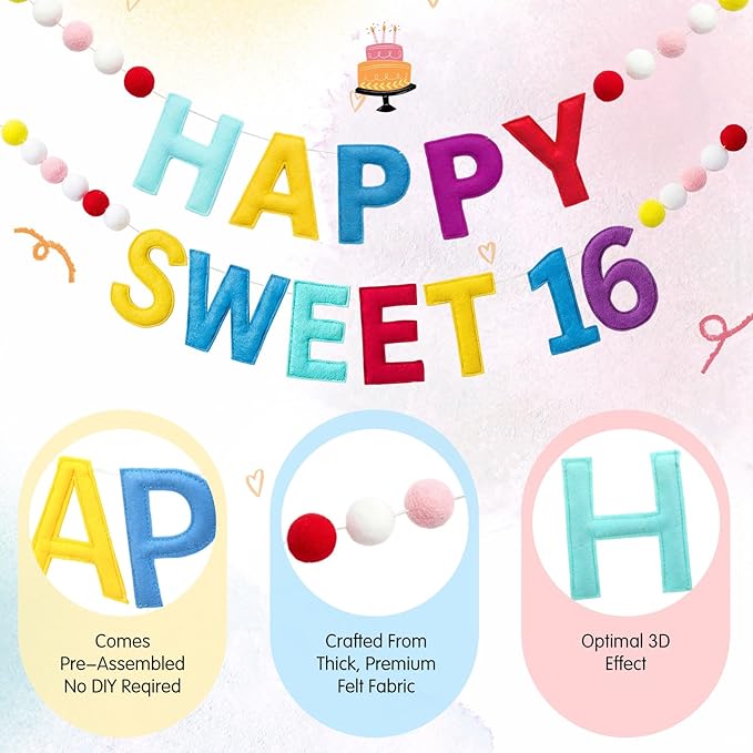 Fulmoon Pre Strung Happy Sweet 16 Banner Sixteenth Birthday for Girls Decorations Sweet 16th Party Sign for Birthday Bachelorette (Vibrant,Felt,Macaron Color)