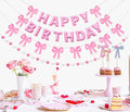 Pre-Strung Pink Bow Birthday Decorations, Reusable Coquette Party Decorations with Wool Felt Happy Birthday Banner, Bow and Felt Ball Garland for Girls Women Baby Shower Pink Bow Theme Decor