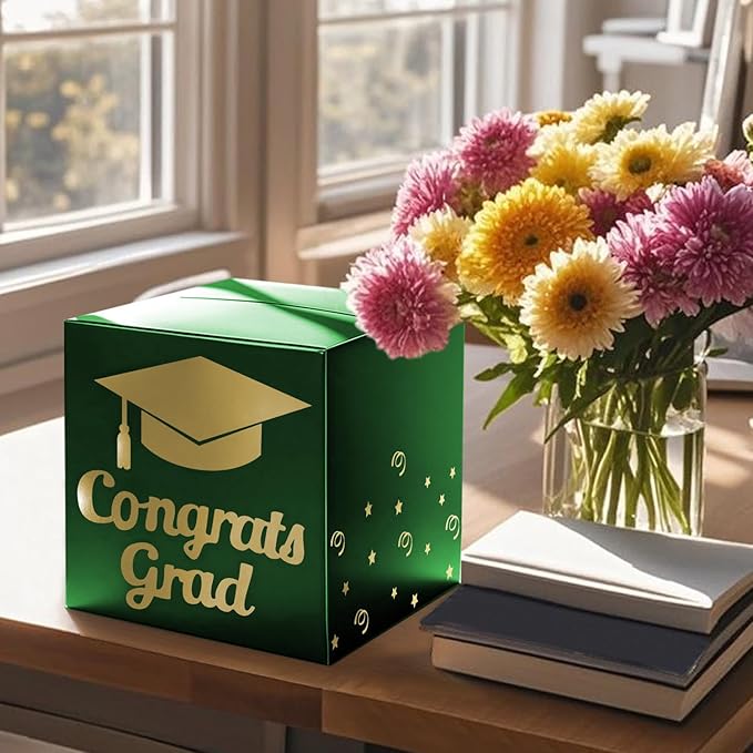 Graduation Card Box Holder, Congrats Grad Foldable Cardboard Decorations Box for Graduation Party Decoration and Grad Parties (Green)