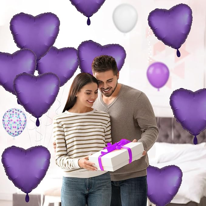 Purple Heart Balloon, 10PCS Purple Foil Heart Balloons, 18inch Metallic Purple Heart Shape Foil Balloons for Helium Birthday Party Decorations for Brithday Party, Valentines Day, Wedding, Anniversary