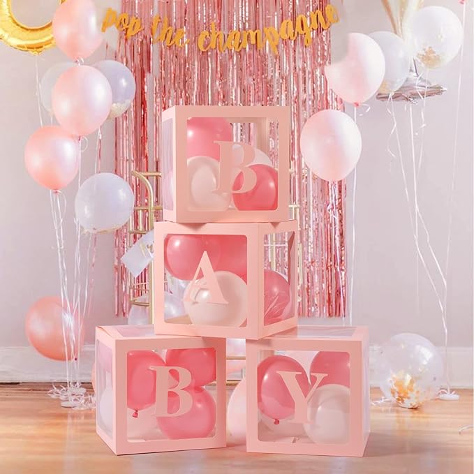 Baby Boxes with Letters for Baby Shower, 4 Transparent Balloon Boxes with Letters for Gender Reveal Birthday Wedding Baby Shower Decorations (Pink)
