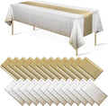 24Pack Disposable Plastic Tablecloths and Satin Table Runner Set White and Gold Dot Tablecloth Gold Satin Table Runner for Wedding Birthday Baby Shower Anniversary Christmas New Year Party Decorations