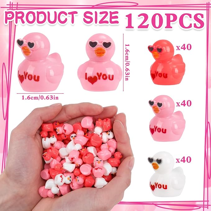 120 Pcs Valentines Day Resin Mini Ducks Valentine's Day Red Pink White Letter Tiny Resin Ducks Bulk Tiny Miniature Duck Figures for Home Tabletop Micro Garden Landscape Decoration Craft Party Favors