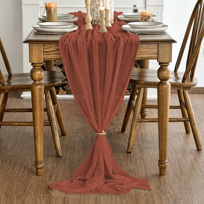 Artoid Mode Boho Cheesecloth Gauze Terracotta Wedding Table Runner, 160 Inch Seasonal Fall Thanksgiving Fabric Kitchen Dining Holiday Table Decor for Home Party Indoor
