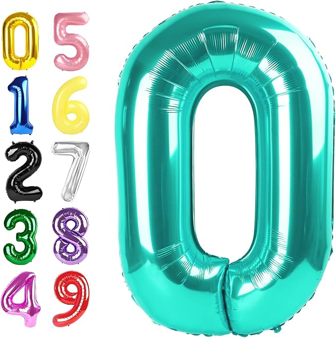 40 Inch Number Balloons, Blue-Green Balloons for Birthday Party Decoration, Foil Number 0 Ballon for 0, 10, 20, 100, 2026 Celebration, Birthday, Baby Shower, Anniversary Decor