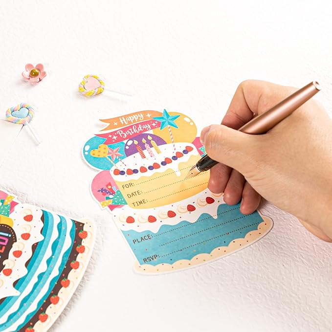 WISHGIFT 25Pcs/Set Birthday Party Cake Invitations with Envelopes, Kids Birthday Party Invitations, Perfect For Girls Boys Kids Birthday Party Celebration Decorations