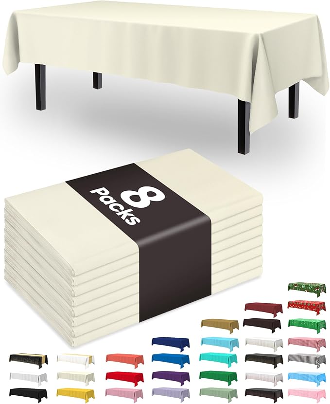 Pureegg Plastic Table Cloth Disposable 8 Pack, 54 x 108 Inch Table Cloths, Party, Wedding, Thanksgiving Decorations, Fall Tablecloths, Rectangle, Beige Plastic Cover, Leakproof & Sturdy, Cream, Ivory