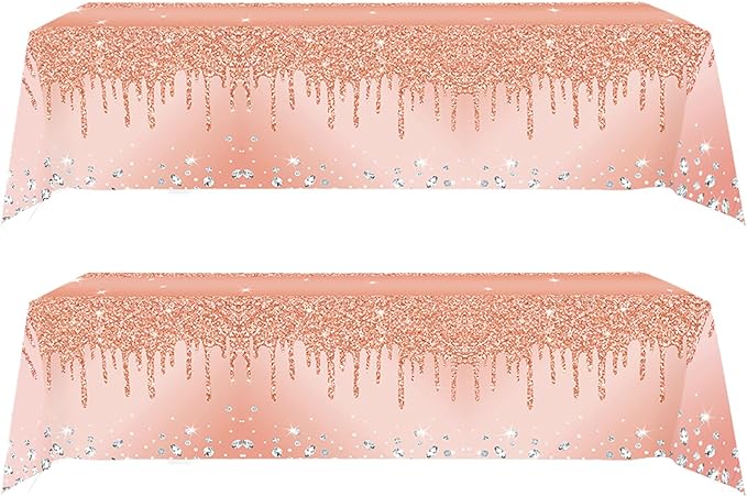 2Pcs Pink Rose Golden Birthday Party Tablecloths Rose Gold Sequin Plastic Table Cover, Pink Rose Gold Birthday Party Supplies Decorations for Girls Women, Graduation, Anniversary, Holiday