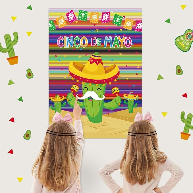 AUGSUN Mexican Fiesta Party Games Pin Tail Game Poster Large Cinco De Mayo Game with Stickers and Blindfolds for 5 De Mayo Mexican Themed Fiesta Party Supplies Family Activities Decorations