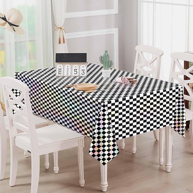1 Pack Black and Iridescent Checkered Tablecloth Shiny Disposable Holographic Foil Table Cloth Plastic Laser Rectangle Table Cover for Picnic Birthday Party Race Car Tablecloth