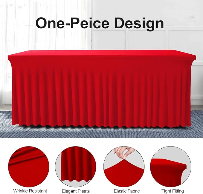 Table Skirts for Rectangle Tables 6ft - One-Piece Red Tablecloths and Skirt, Wrinkle Resistant Ruffles Elastic Cover for Banquets, Weddings, Events, Parties