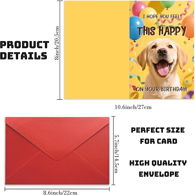5.3x8 Funny Happy Dog Birthday Card Humorous Cute Pet Animal Humor Bday Notecard with Envelope for Wife Husband Teenage Young Boy Girl Men Women Adult