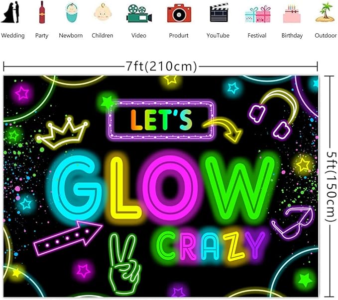 Neon Glow Party Decorations Supplies Backdrop 7x5ft Glow in The Dark Let’s Glow Banner Photography Background Birthday Sleppover Graffiti Splash Paint Black Light Kids Photo Booth