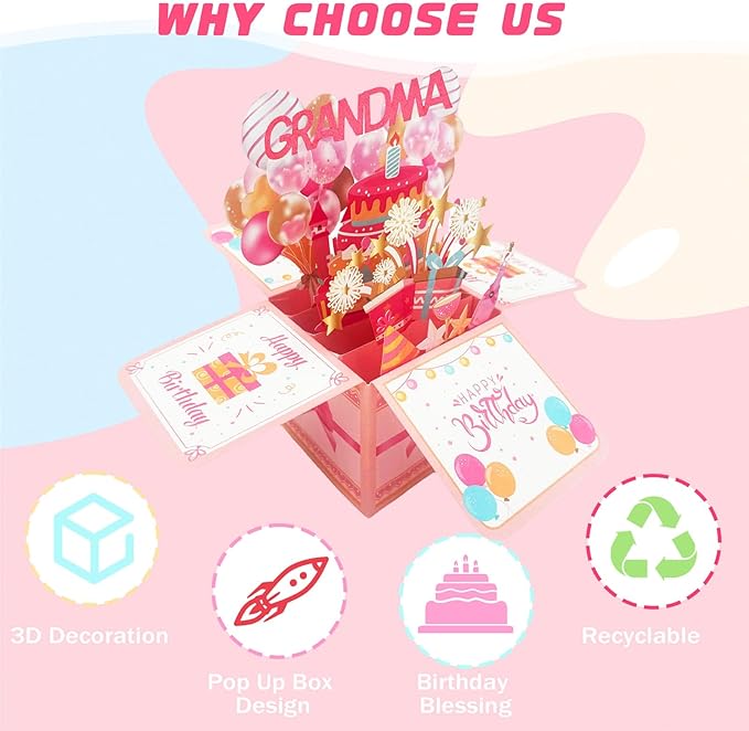 Happy Birthday Card For Grandma Pop Up Gift Card Box From Granddaughter Grandson Best Nana Grandma Birthday Funny 3D Colorful Foldable Celebration Greeting Cards With Envelope For Women