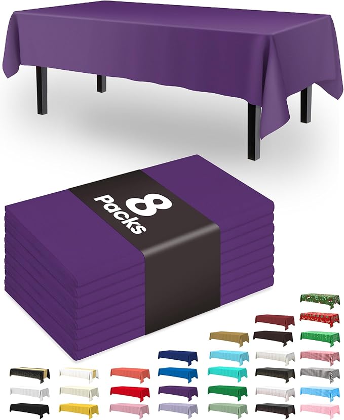 Pureegg Plastic Table Cloth Disposable 8 Pack, 54 x 108 Inch Table Cloths, Graduation Decorations Class of 2026, Graduation Party Tablecloths, Rectangle, Plastic Cover, Leakproof & Sturdy, Purple