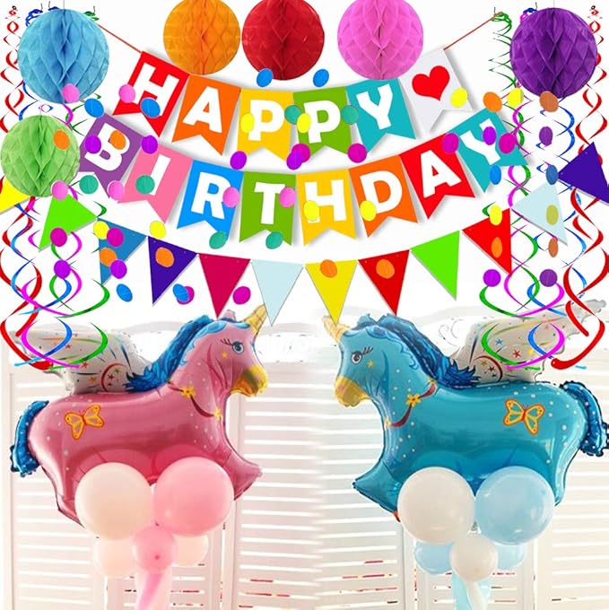 FECEDY Colorful Happy Birthday Banner Paper Triangle Flag Bunting Circle Confetti Dots Hanging Garland And Honeycomb Ball Swirl Streamers for Birthday Baby Shower Party Decoration