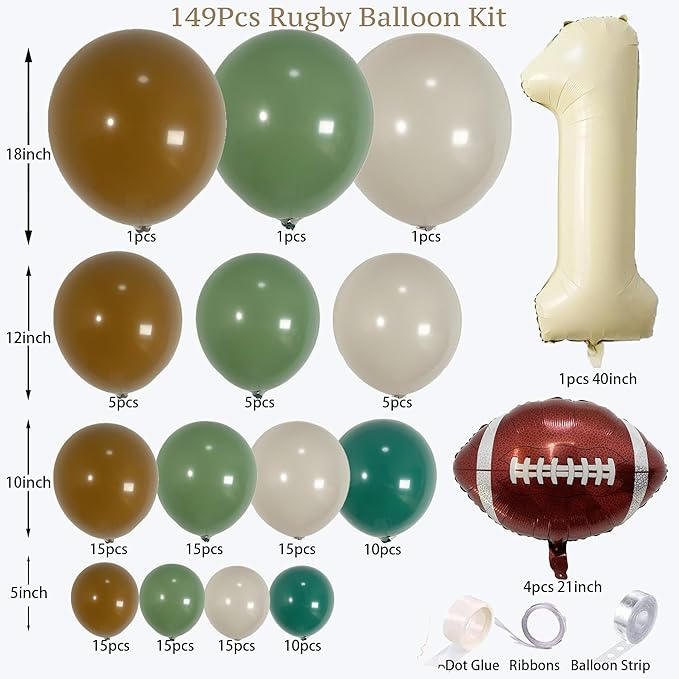First Year Down Football Balloon Arch Kit – 1st Birthday Football Decorations with Number 1 Balloon, Football Foil Balloons & Green Brown Balloon Garland for Baby Boy Birthday Party (139PCS)