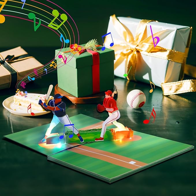 Magic Ants Musical 3D Pop-Up Baseball Card, Plays "Happy Birthday to You" Tune, Light-Up Baseball Scene with Batting & Pitching Players, Interactive Greeting Card for Baseball Fans, Players, Coaches, Collectors