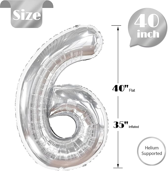 Silver 6 Balloon, Number Balloons 40 Inch, 6th Balloons for Birthday Decorations, Silver Party Supplies 6 Birthday Balloon, Number 6 Balloon