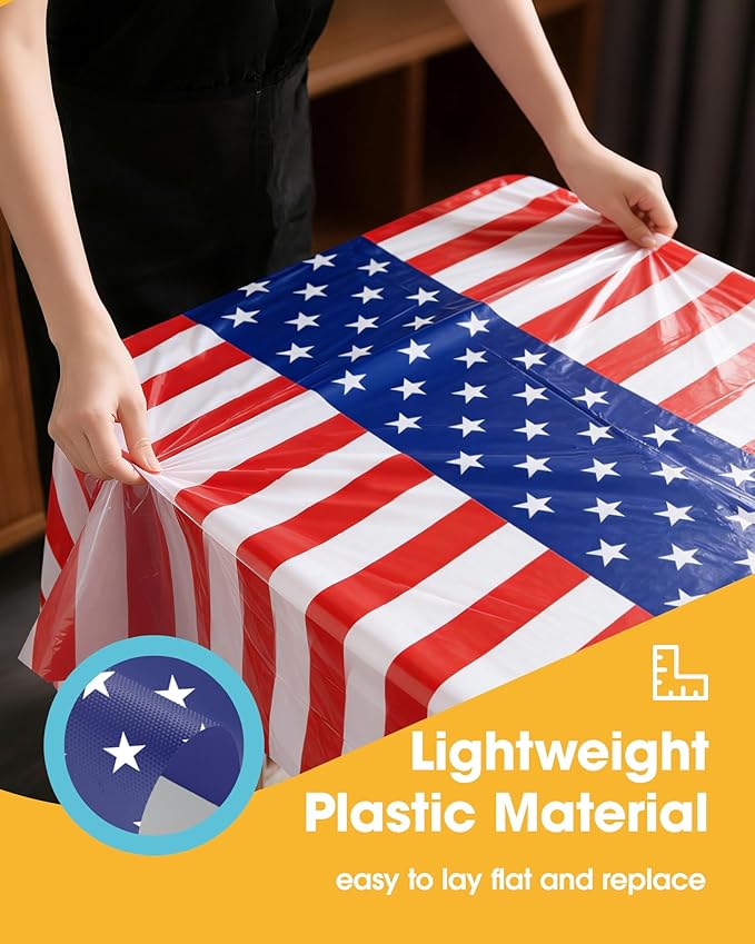American Flag Plastic Table Cloth - 4 Pack 54" × 108" Rectangle Disposable Tablecloths for 6FT Tables, Table Cover for Party, Holiday & Gathering Use